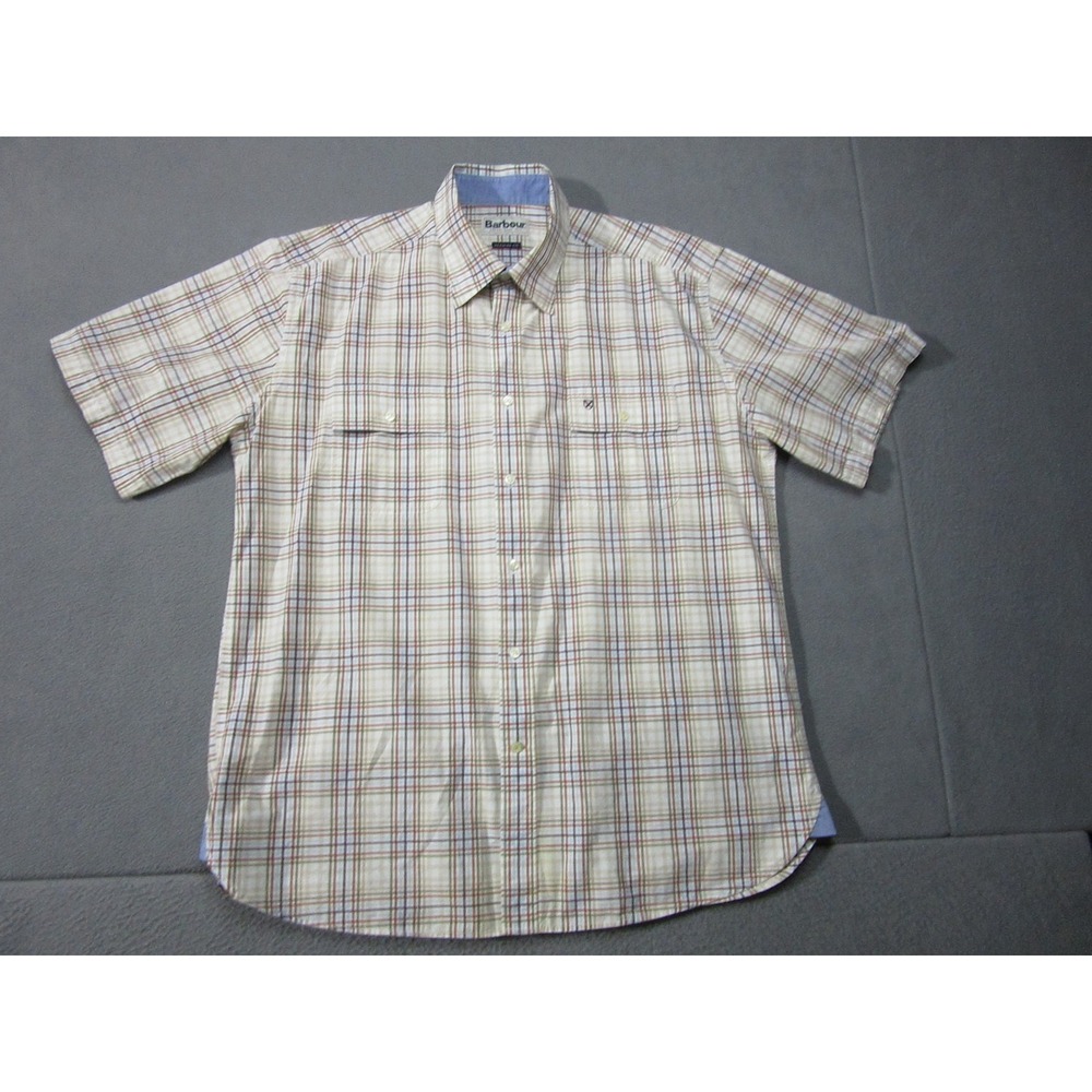 Barbour Shirt Mens Large Beige Plaid Short Sleeve Button Up Regular Fit Casual